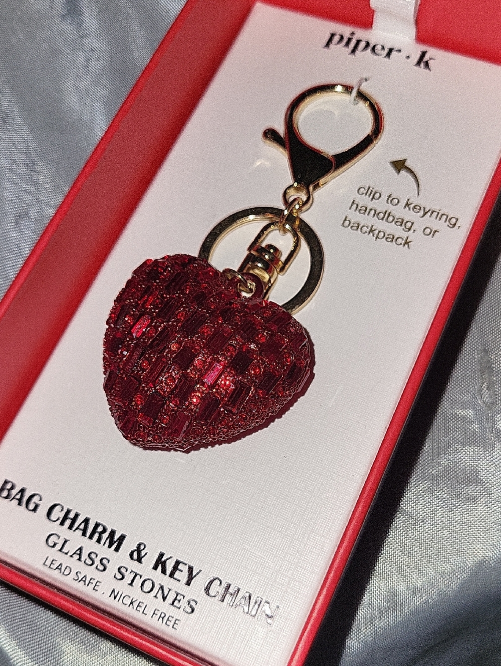 Piper K Red gem Heart Charm Key Chain fob